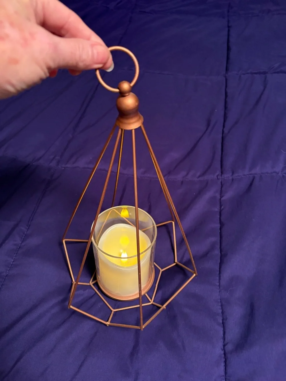Copper Geometric Metal Lantern with LED Candle - Home Accents